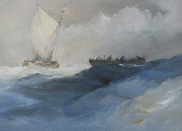 Fishing boats at sea in choppy weather marine oil painting by Stewart Taylor