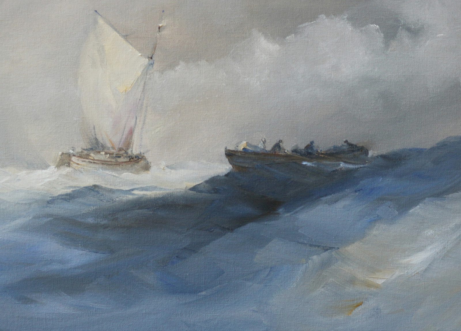Fishing boats at sea in choppy weather marine oil painting by Stewart Taylor