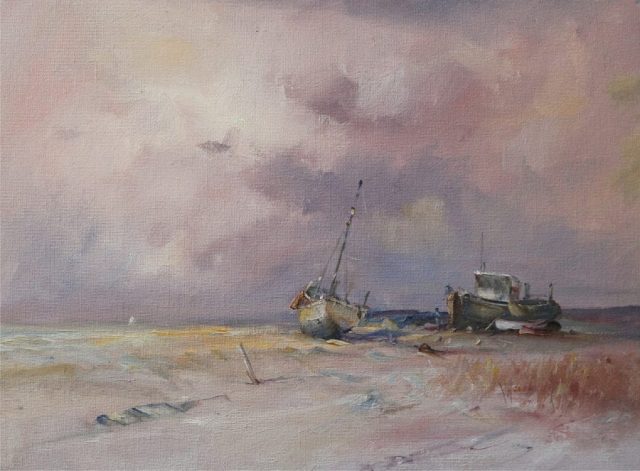 Boats moored off the Humber in oils by Stewart Taylor