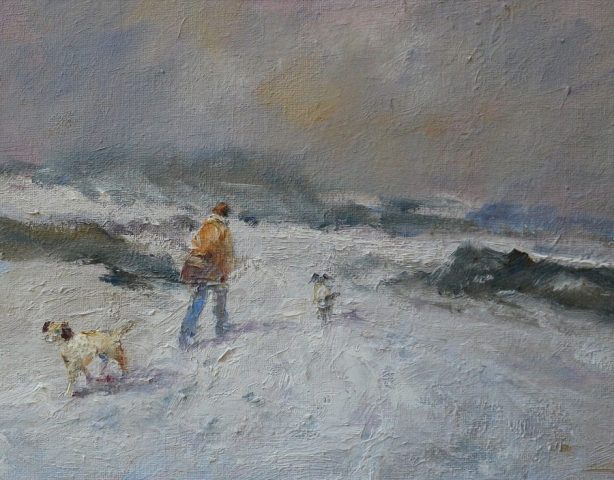 Winter scene of man waling dogs in snow painted in oils by Stewart Taylor
