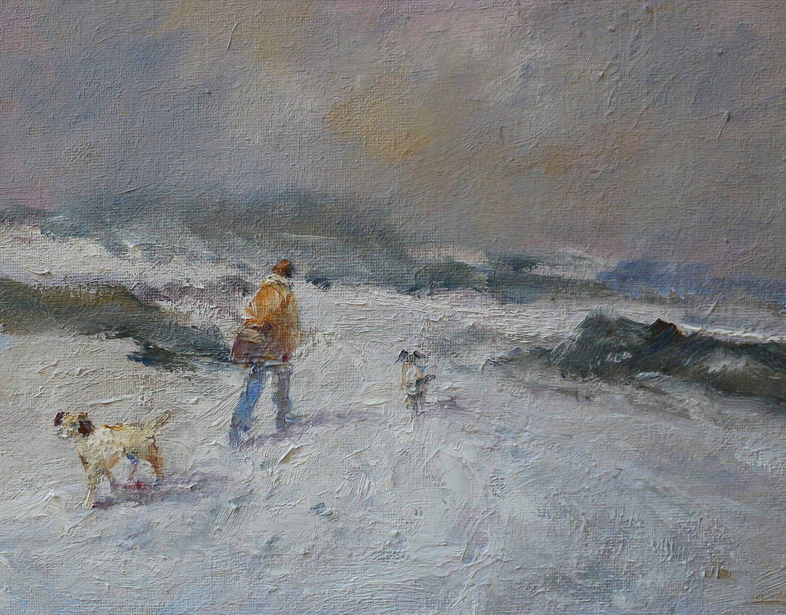 Winter scene of man waling dogs in snow painted in oils by Stewart Taylor