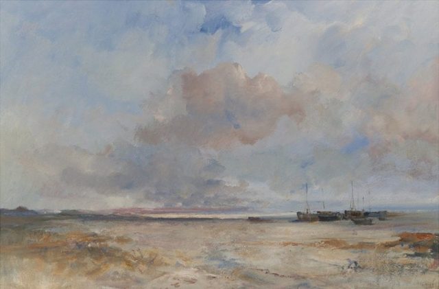 Romantic oil painting of Norfolk beach with boats by East Yorkshire artist Stewart Taylor