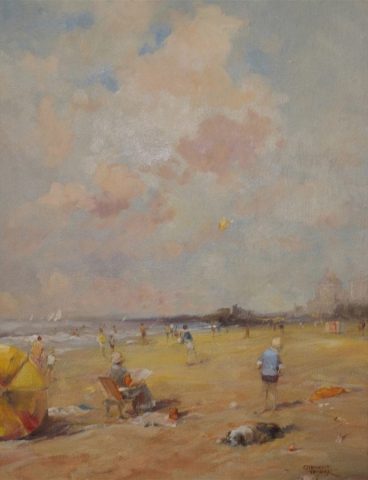 Nostalgic summer beach scene of holidaymakers painted in oils by East Yorkshire artist Stewart Taylor