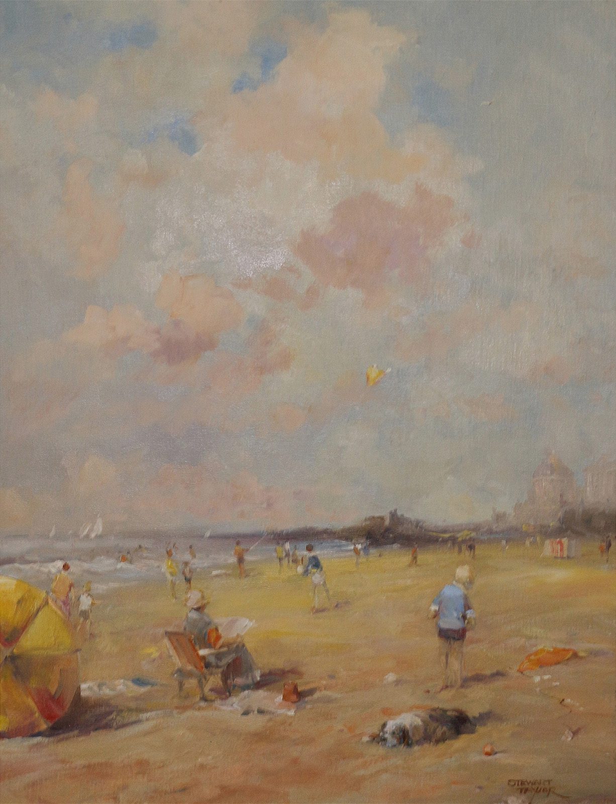 Nostalgic summer beach scene of holidaymakers painted in oils by East Yorkshire artist Stewart Taylor