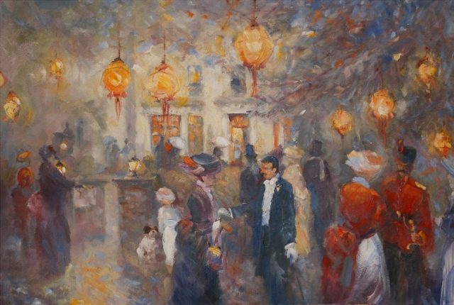 Oil painting depicting fashionable aristocratic ball at Swanland East Yorkshire by Stewart Taylor