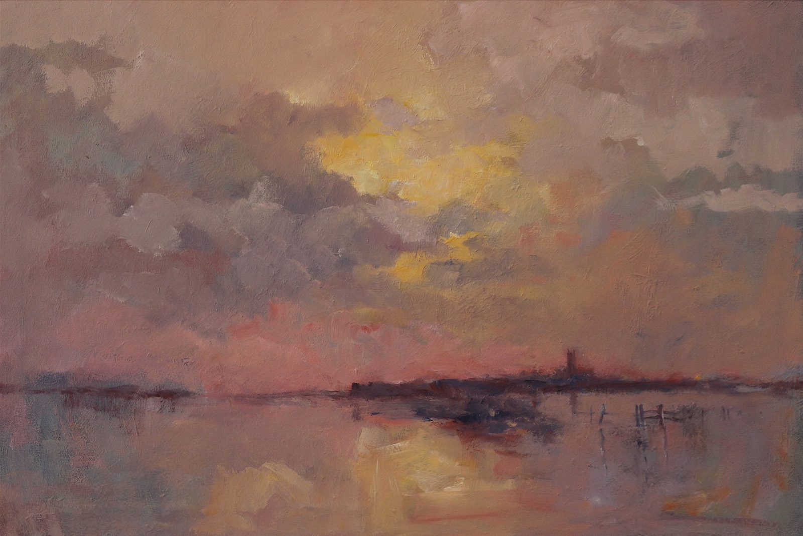 Moody landscape oil painting with the River Derwent with burst banks by Stewart Taylor