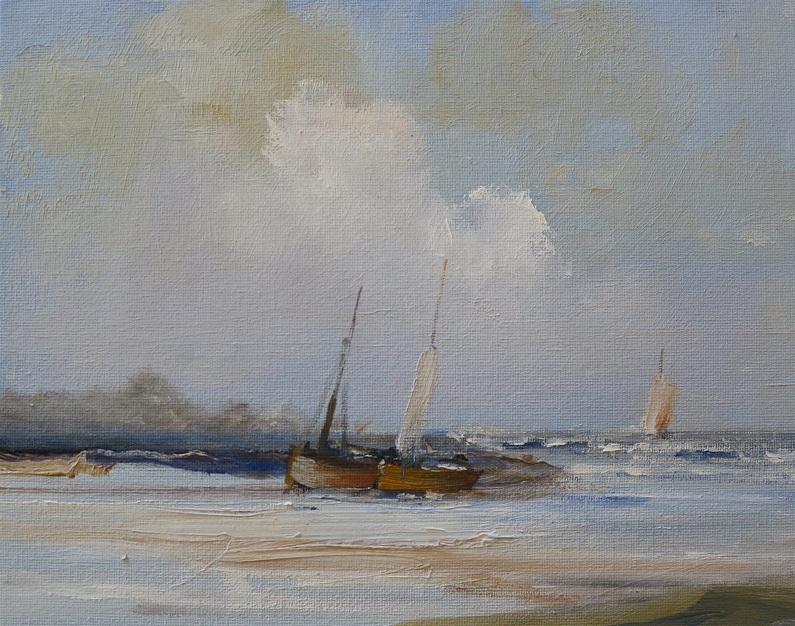 Marine oil painting of small sailing boats by artist Stewart Taylor