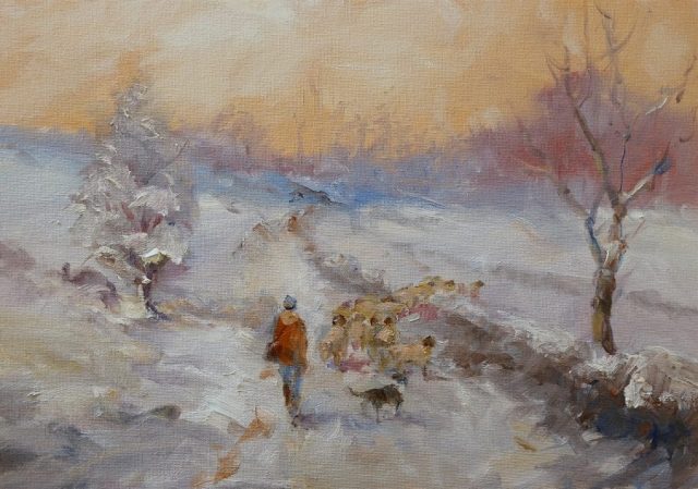 Country scene of shepherd and flock in Winter painted by Stewart Taylor artist